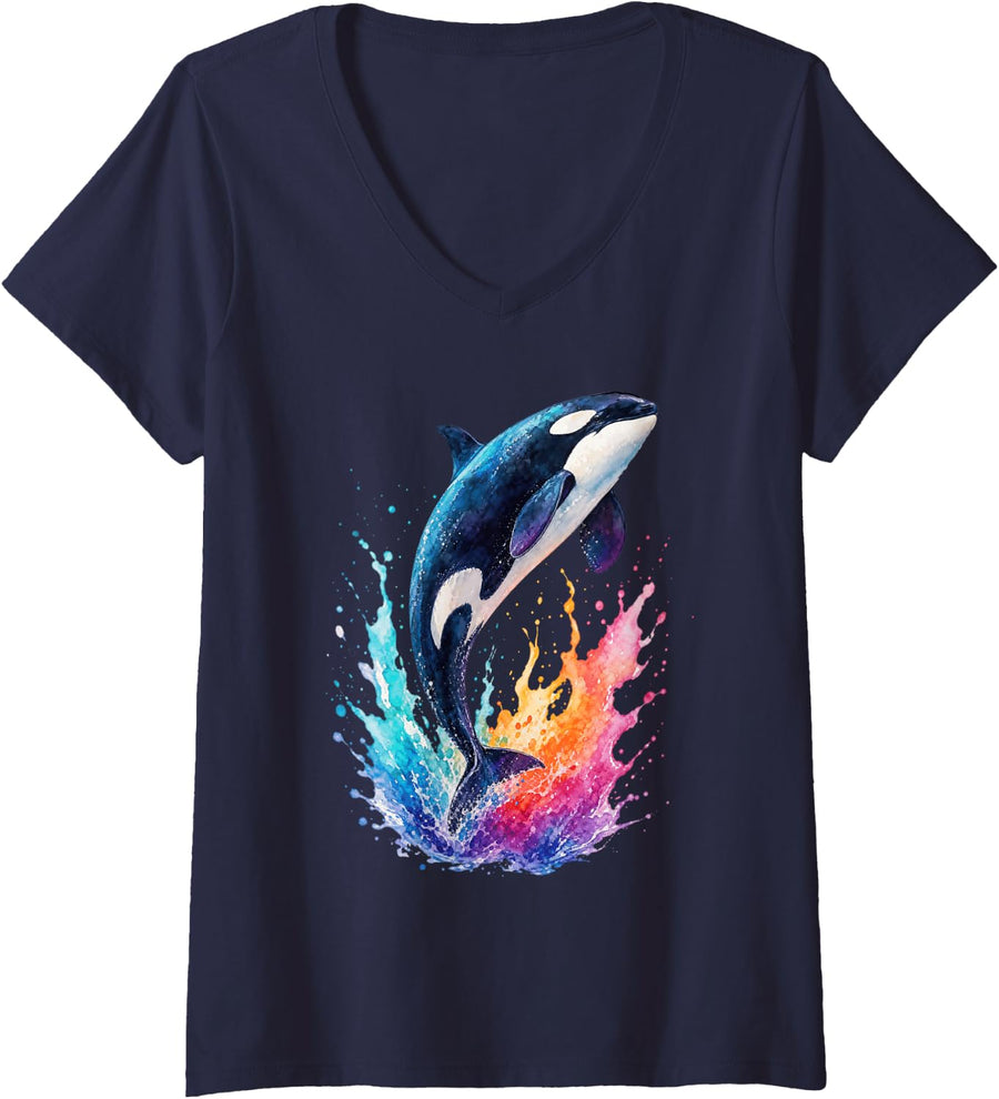 Women's Orca Whale Ocean Wildlife Breaching Colorful Watercolor Sea V-Neck T-Shirt - Navy Blue