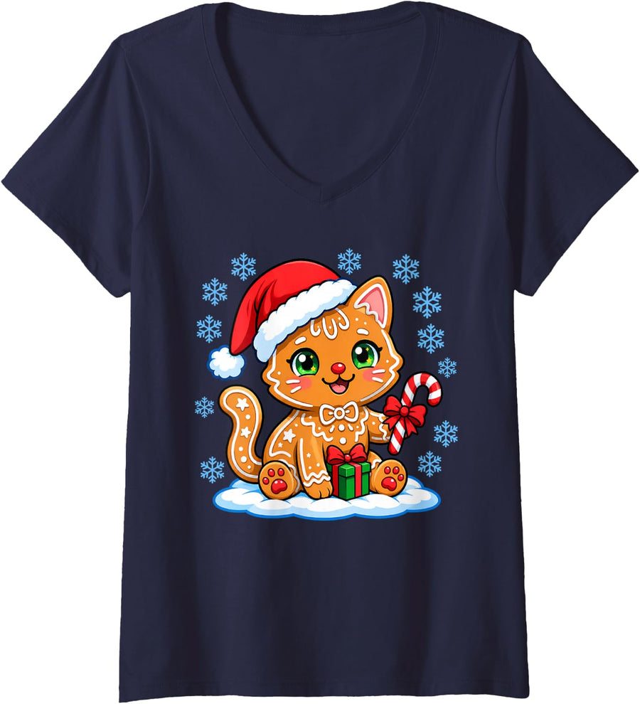 Women's Cute Gingerbread Cat Christmas V-Neck T-Shirt - Navy Blue