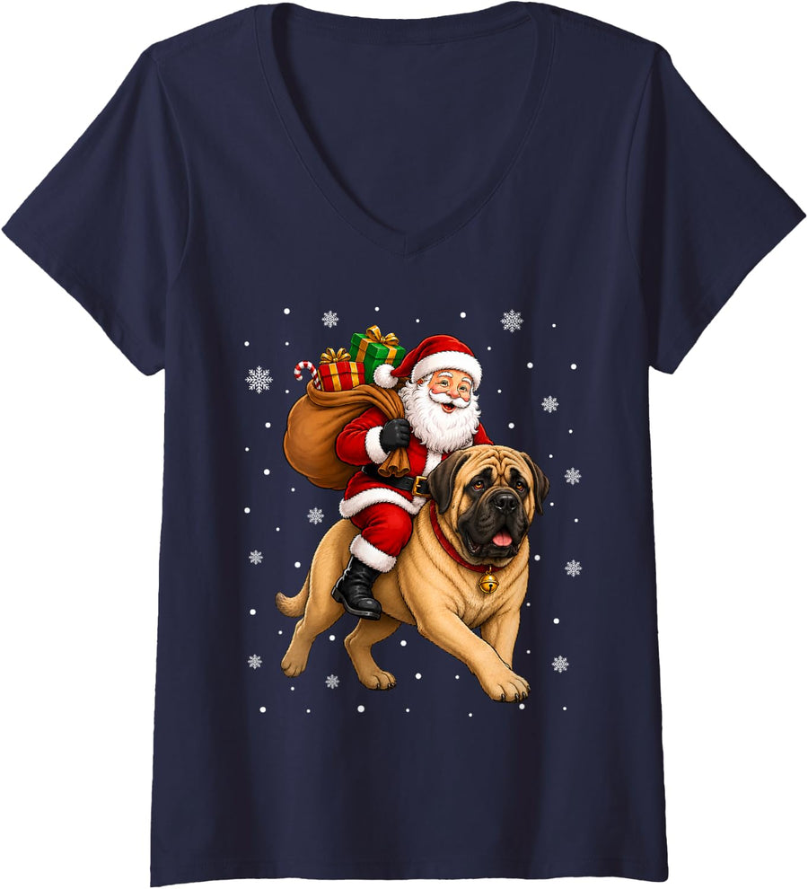 Women's Festive Funny Santa Riding English Mastiff Dog Christmas V-Neck T-Shirt - Navy Blue