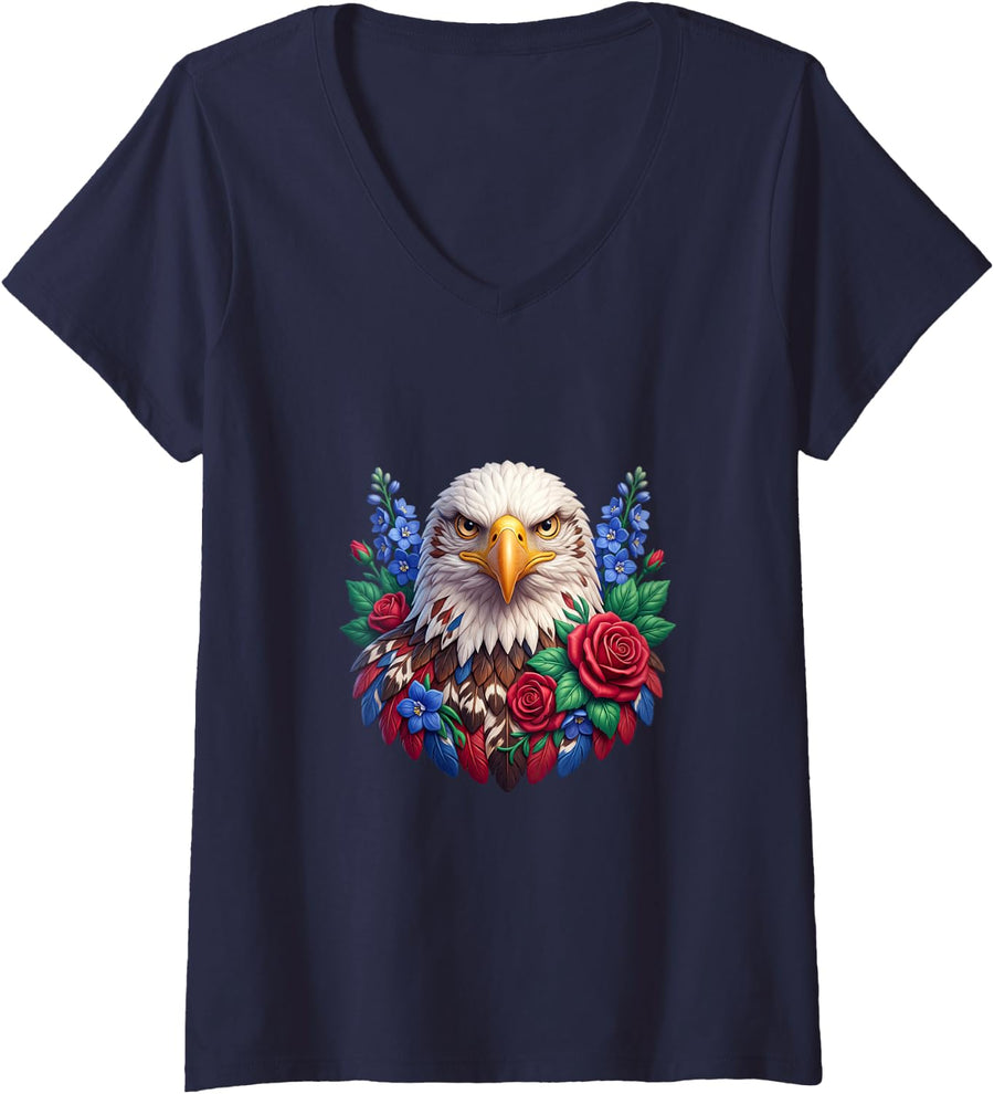 Women's Bald Eagle with Red Roses and Blue Delphiniums V-Neck T-Shirt - Navy Blue