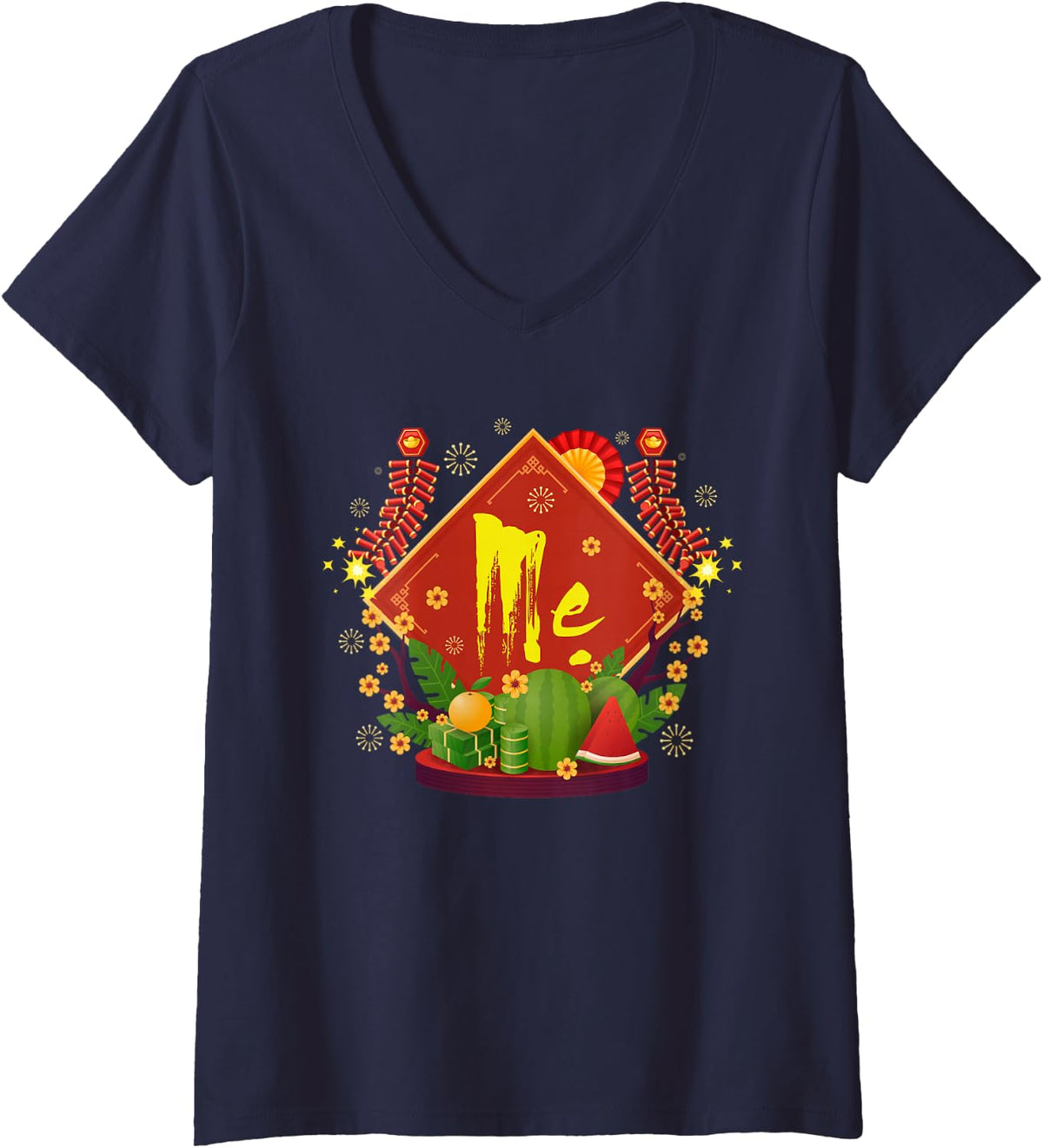 Women's Happy Vietnamese New Year TET Holiday Matching Family Mom V-Neck T-Shirt - Navy Blue