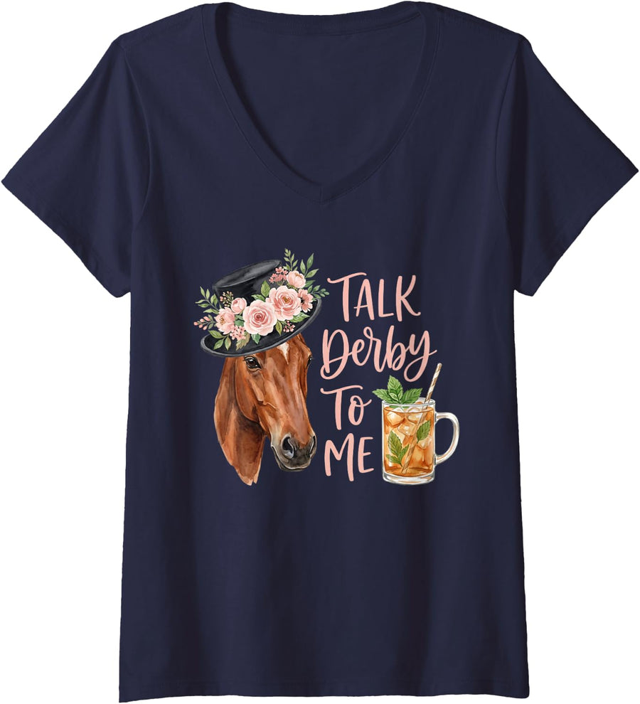 Women's Talk Derby to Me Horse Racer Derby Lover Equestrian Rider V-Neck T-Shirt - Navy Blue