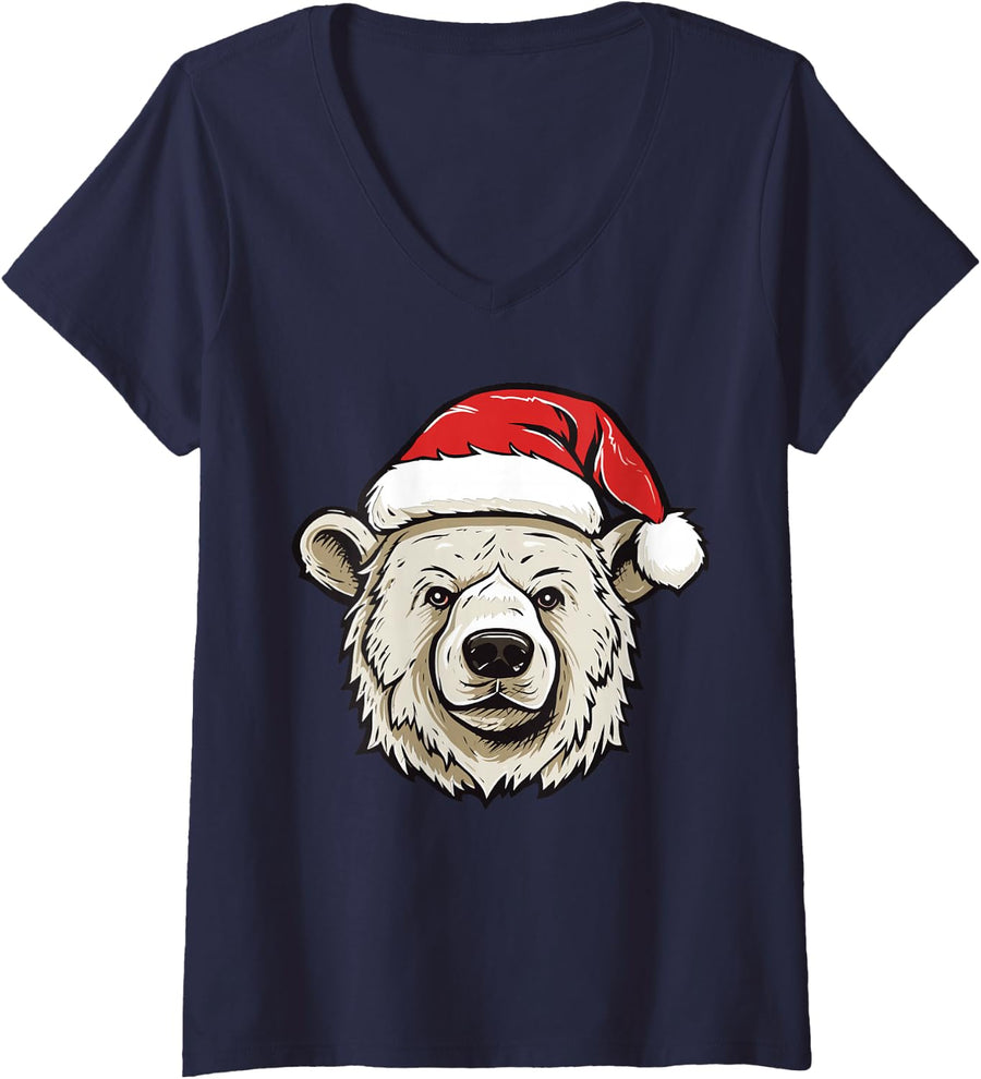 Women's Christmas Polar Bear Polar Bear Costume Adult Bear Christmas V-Neck T-Shirt - Navy Blue