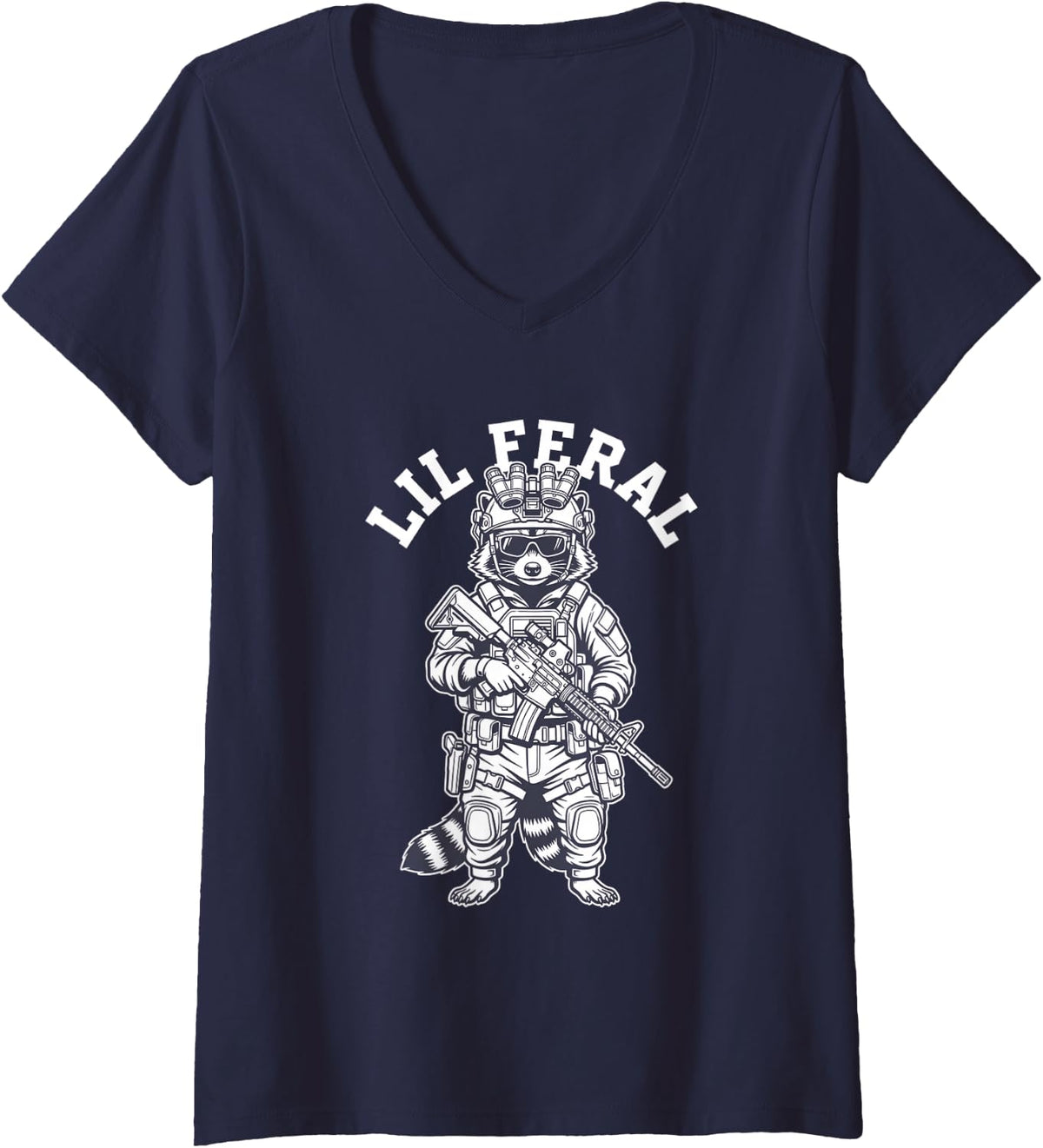 Women's Lil Feral Tactical Raccoon Military Gear V-Neck T-Shirt - Navy Blue