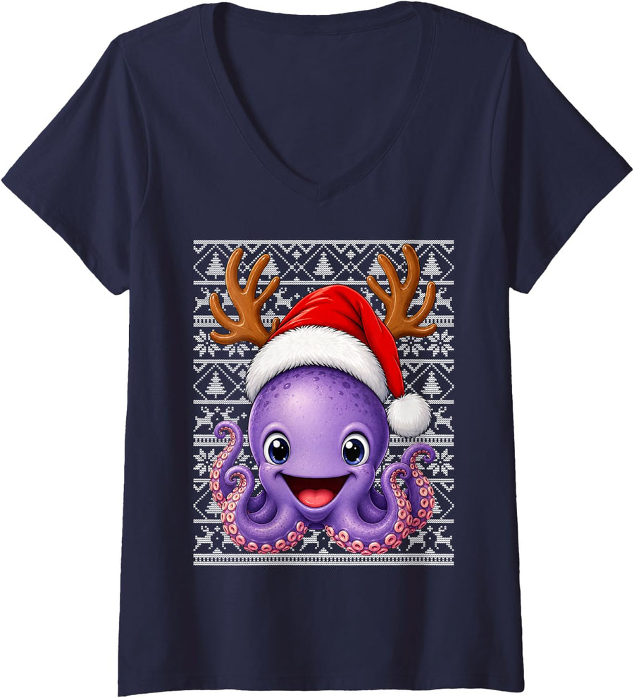 Women's Octopus Christmas Santa Hat Ugly Sweaters Octopus Xmas V-Neck T-Shirt - Navy Blue