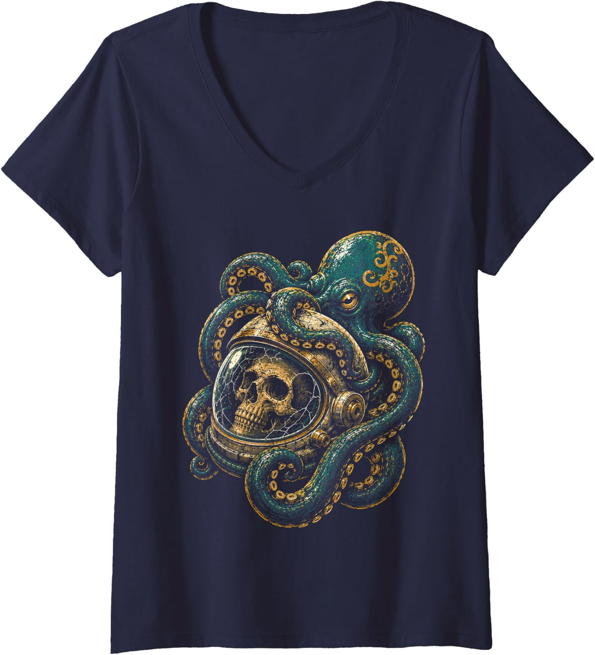 Women's Octopus Skulls Astronaut Deep Sea Space Halloween Kraken V-Neck T-Shirt - Navy Blue