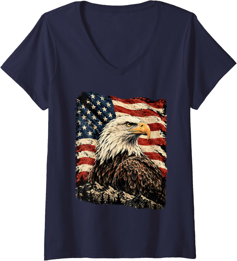 Women's Patriotic Bald Eagle V-Neck T-Shirt - Navy Blue