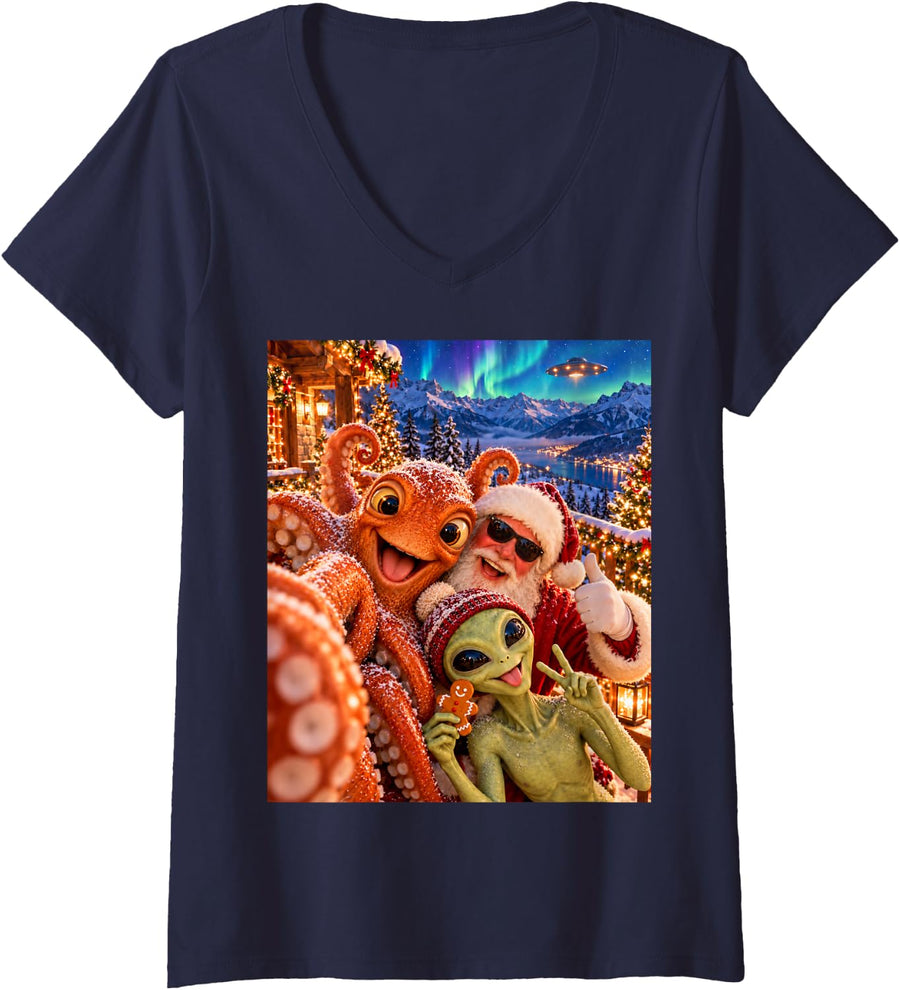 Women's Octopus Silly Christmas Selfie with Santa and Alien V-Neck T-Shirt - Navy Blue