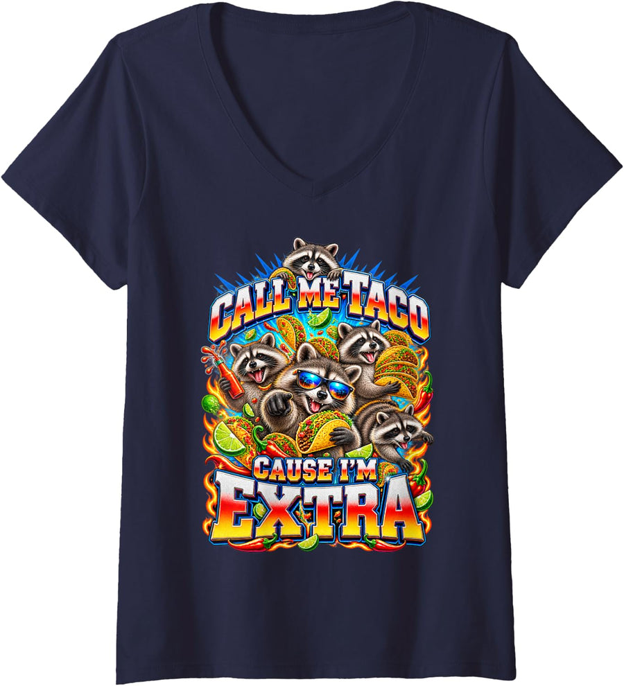 Women's Funny Raccoon Call Me Taco Cause I'm Extra Bootleg Raccoons V-Neck T-Shirt - Navy Blue