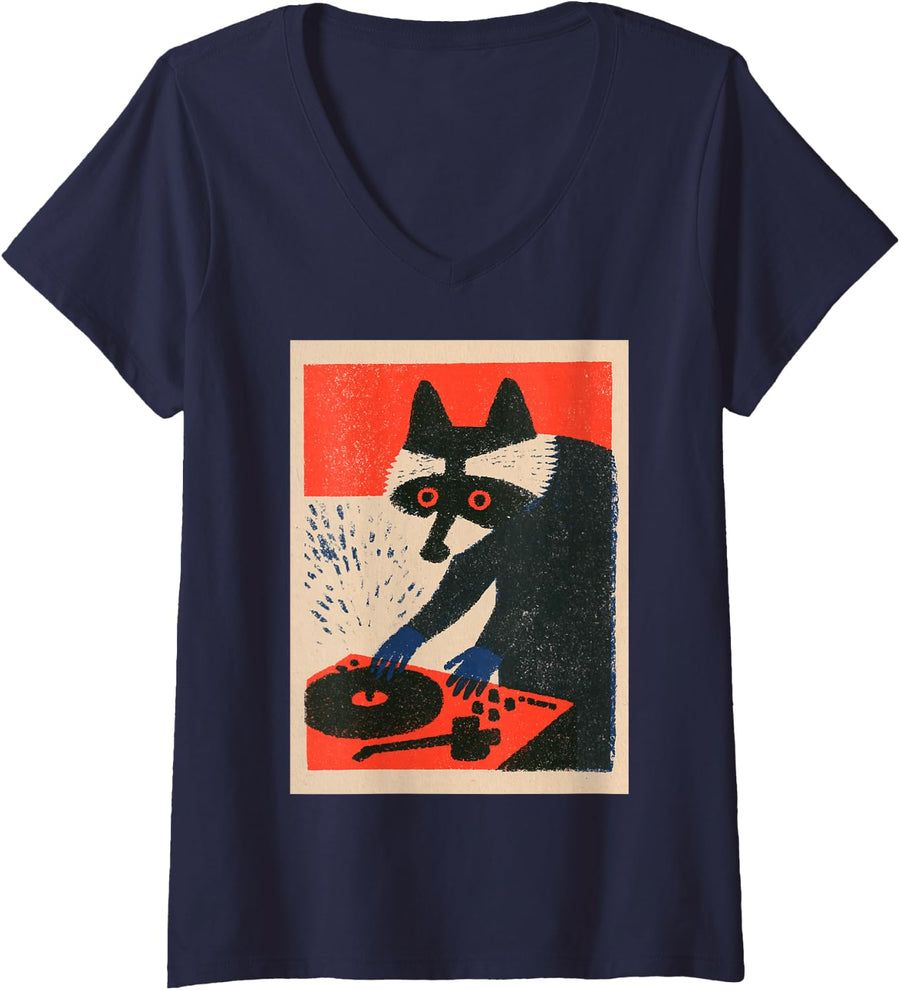 Women's Raccoon DJ Vinyl Record Turntable Trash Retro Panda Music V-Neck T-Shirt - Navy Blue