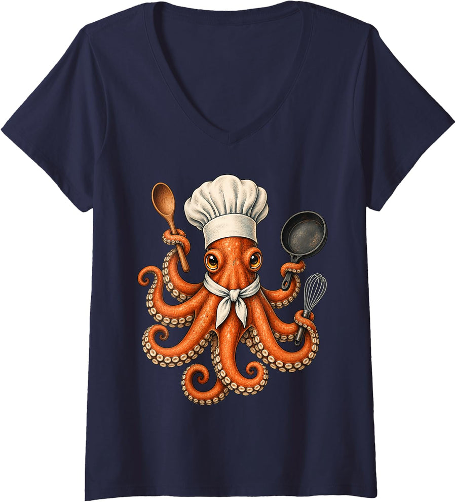 Women's Chef Octopus Cooking Kitchen Culinary Seafood Cook V-Neck T-Shirt - Navy Blue
