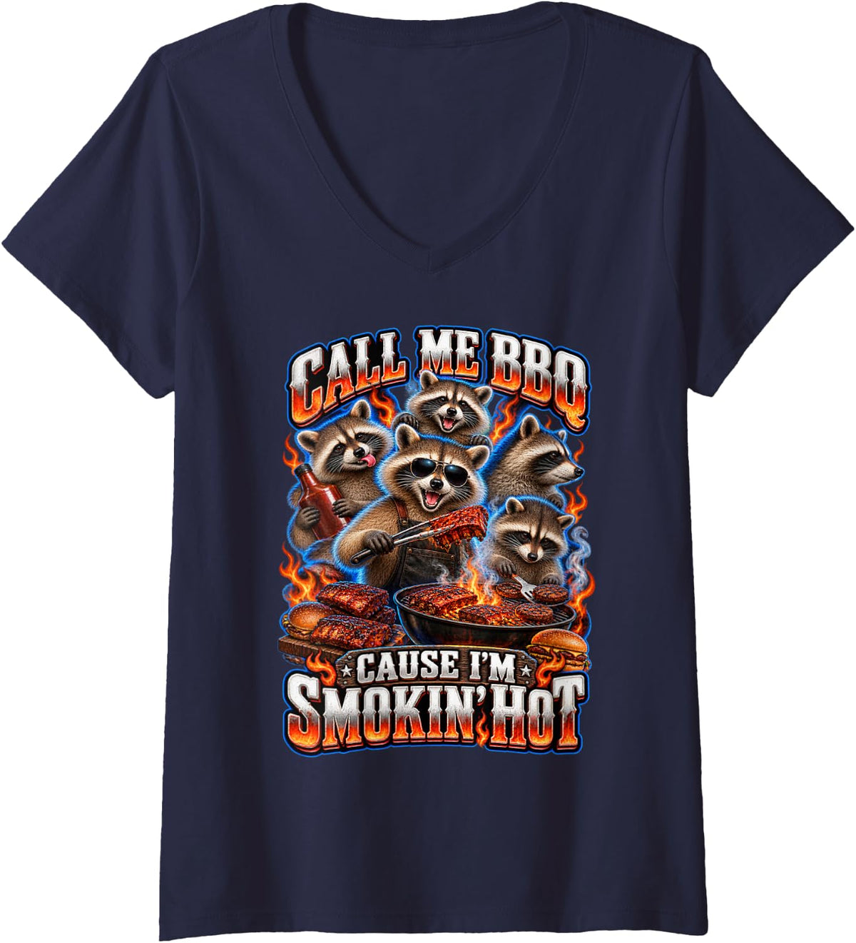 Women's Funny Raccoon Meme Call Me BBQ Grilling Raccoons Grill Lover V-Neck T-Shirt - Navy Blue