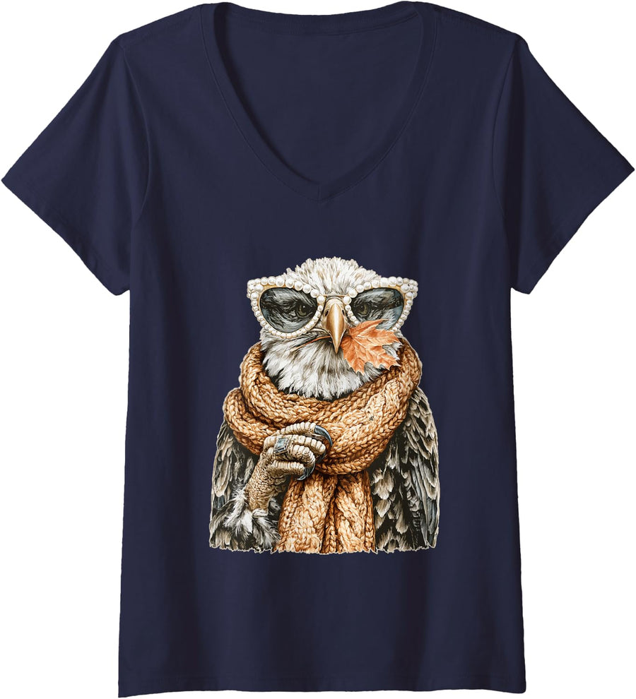 Women's Glam Bald Eagle with Sunglasses Glamorous Animal Autumn V-Neck T-Shirt - Navy Blue