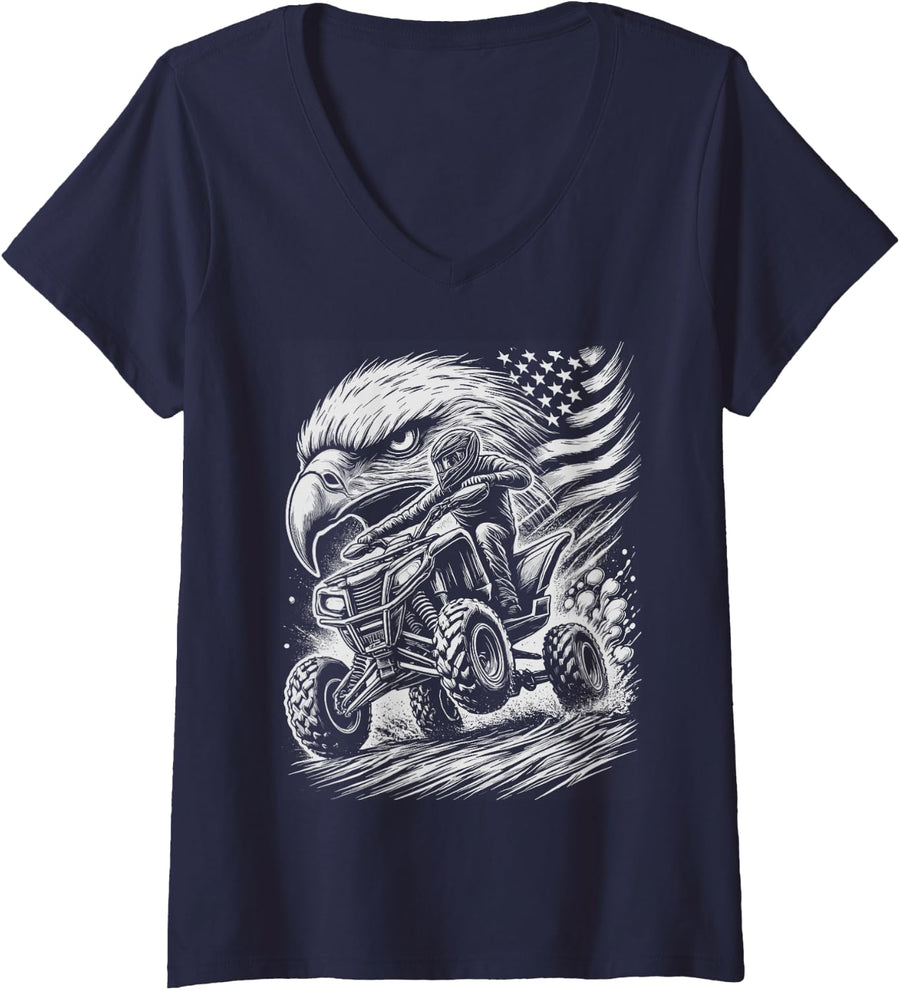 Women's American Quad ATV Patriot Bald Eagle, Mudding Lover V-Neck T-Shirt - Navy Blue