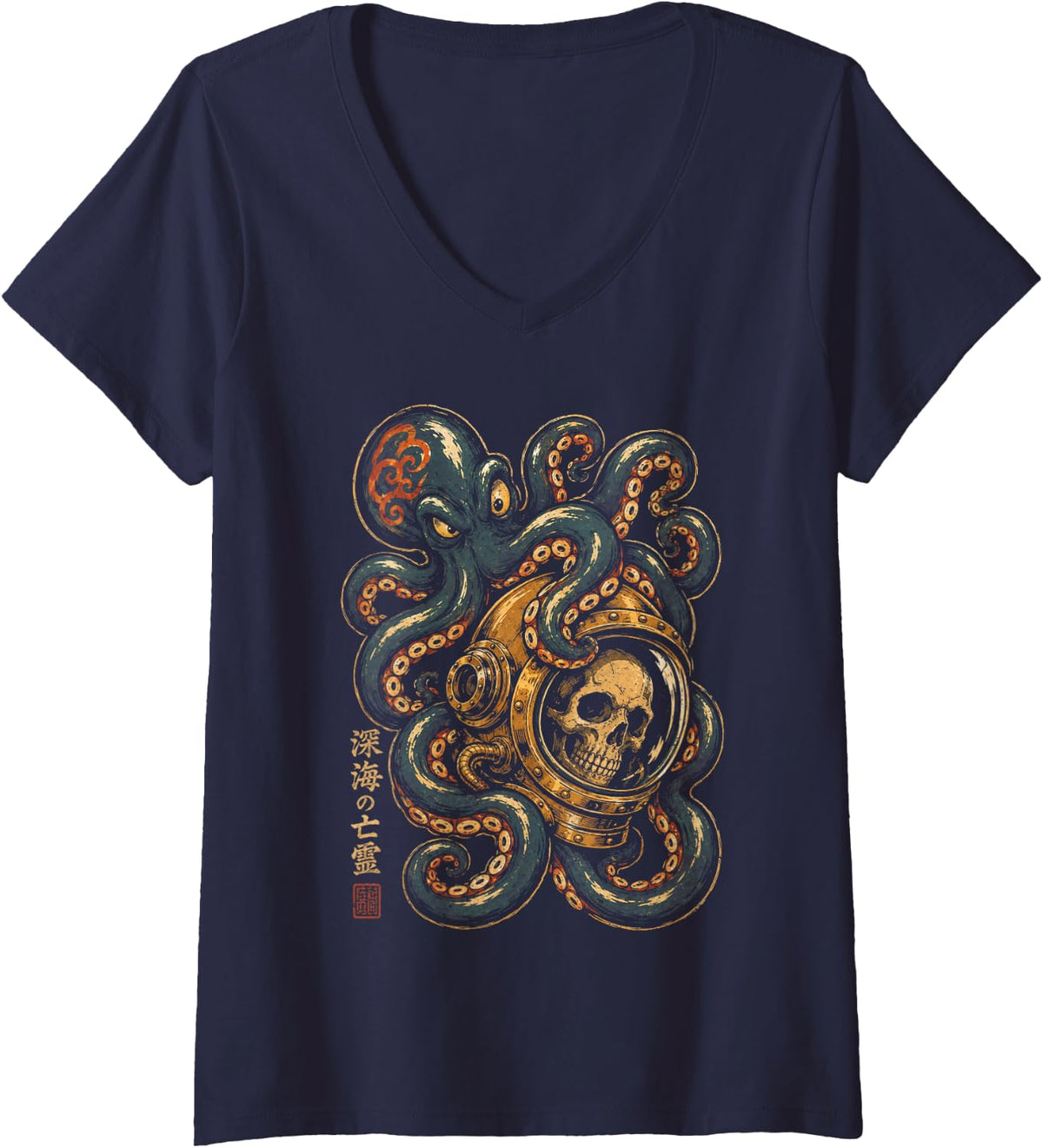 Women's Octopus Skulls Astronaut Deep Sea Space Kraken Halloween V-Neck T-Shirt - Navy Blue