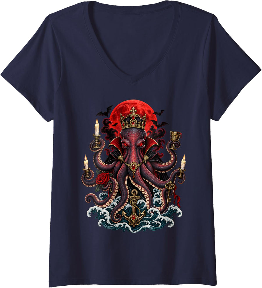 Women's Gothic Octopus Sea Monster Halloween Horror Occult V-Neck T-Shirt - Navy Blue