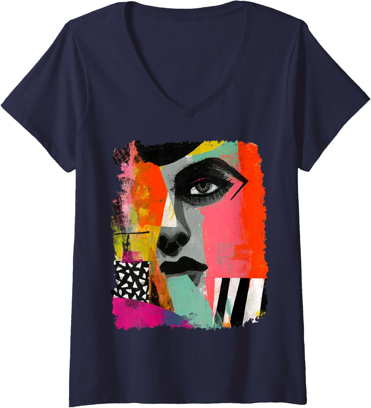 Women's Abstract Art Style V-Neck T-Shirt - Navy Blue