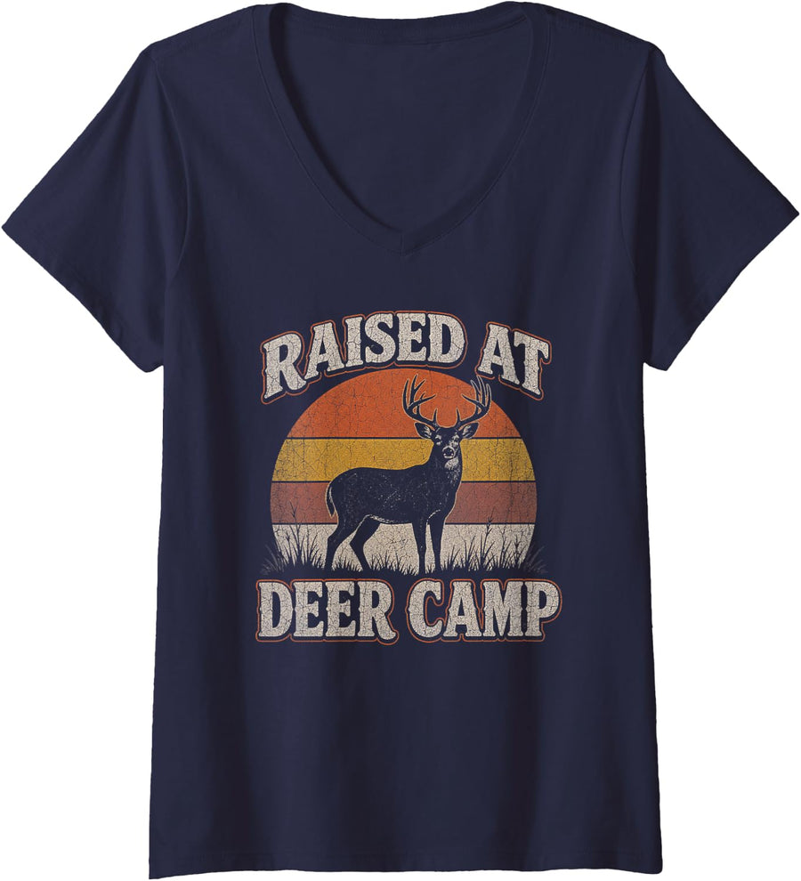 Women's Hunting Crew Raised at Deer Camp Buck V-Neck T-Shirt - Navy Blue