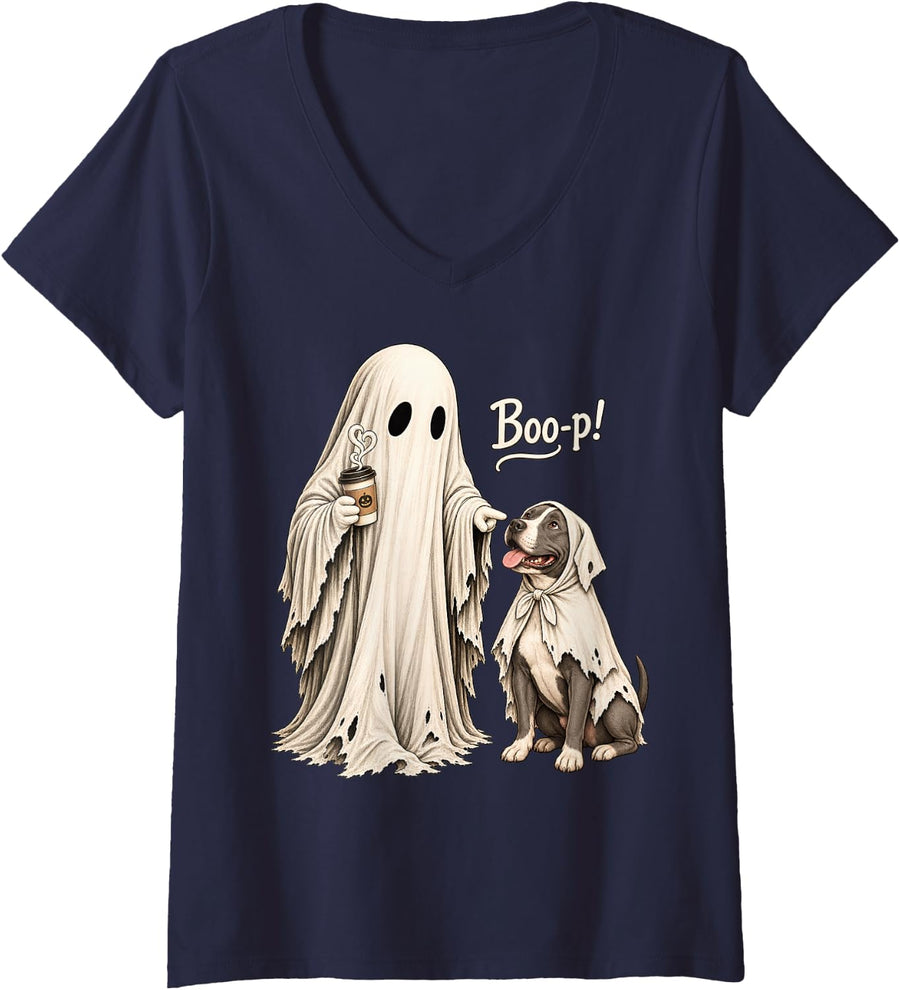 Women's Boo-p Pittie Dog Ghost Halloween American Pit Bull Terrier V-Neck T-Shirt - Navy Blue