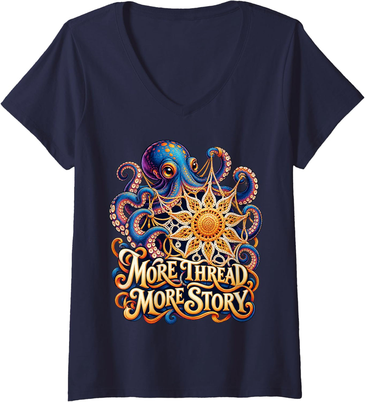Women's Octopus Crochet More Thread More Story Fiber Art V-Neck T-Shirt - Navy Blue