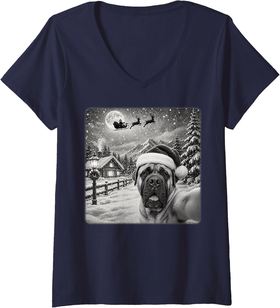 Women's Xmas Moon Night Starry Santa Sleigh Mastiff Dog Christmas V-Neck T-Shirt - Navy Blue