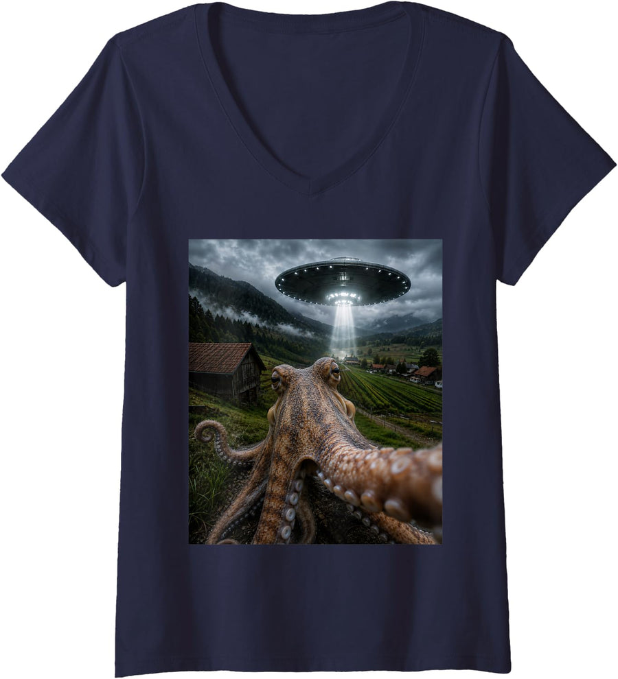 Women's Octopus Selfie with Alien UFO Funny Meme V-Neck T-Shirt - Navy Blue