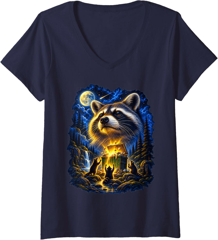 Women's Popfunk 90s, Y2K, Vintage Raccoon Dumpster Full Moon Howling V-Neck T-Shirt - Navy Blue