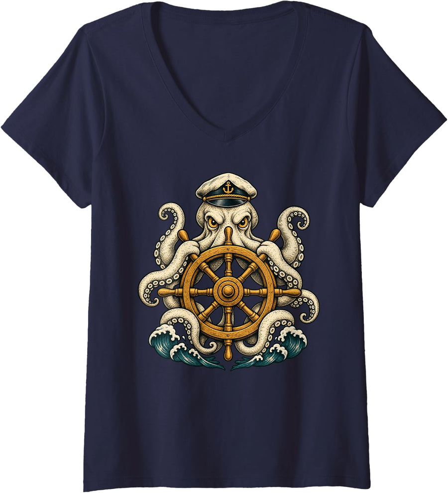 Women's Vintage Octopus Captain Nautical Sailing V-Neck T-Shirt - Navy Blue