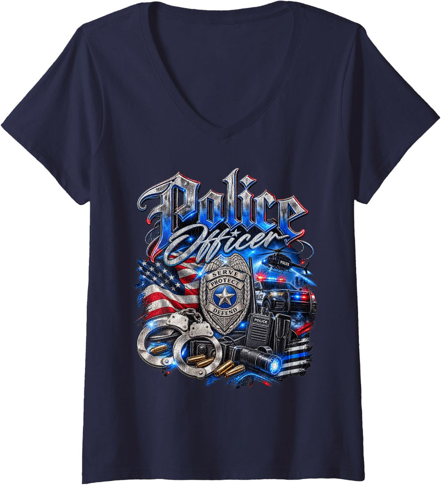 Women's Police Officer V-Neck T-Shirt - Navy Blue