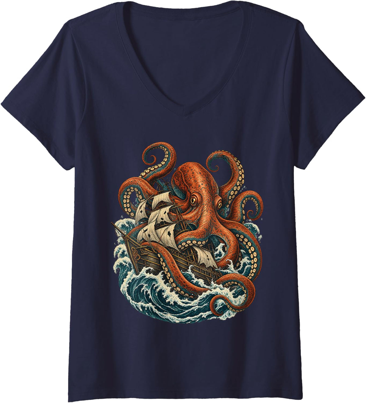 Women's Pirate Ship Kraken Octopus Sea Monster Ocean Art V-Neck T-Shirt - Navy Blue