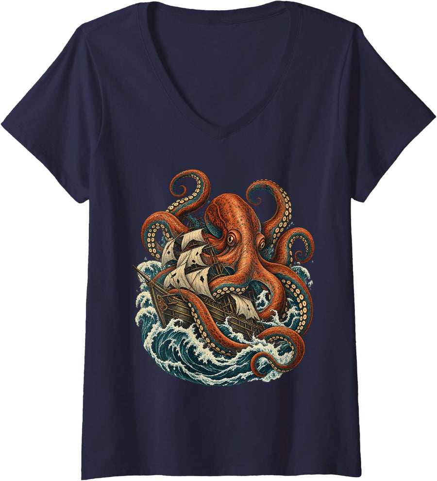 Women's Pirate Ship Kraken Octopus Sea Monster Ocean Art V-Neck T-Shirt - Navy Blue