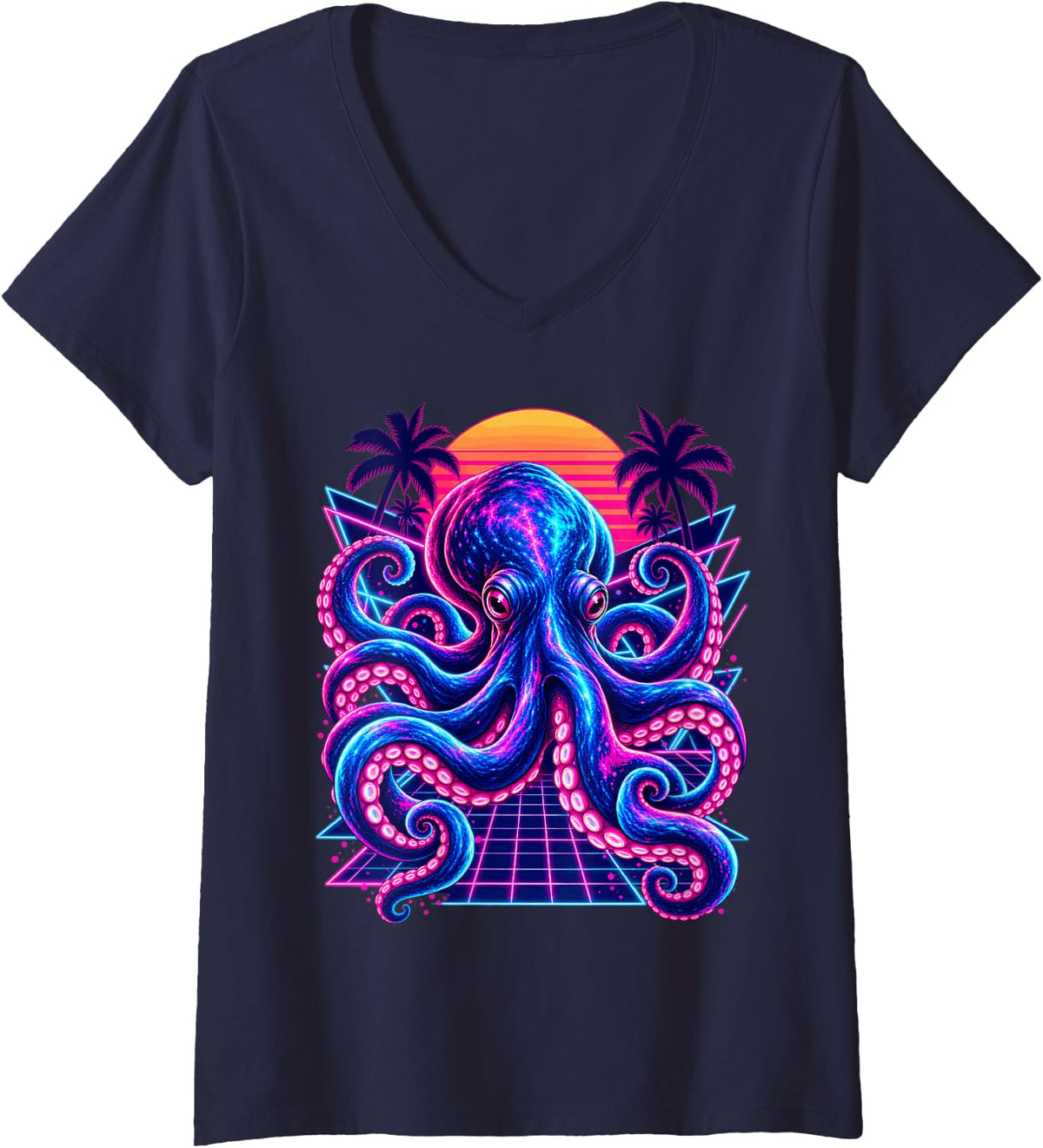 Women's Retrowave Synthwave Octopus Vaporwave Ocean Animal V-Neck T-Shirt - Navy Blue