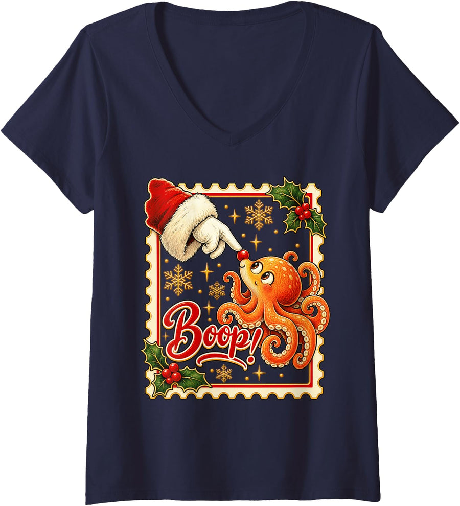 Women's Boop! Octopus Happy Christmas Nose Boop V-Neck T-Shirt - Navy Blue