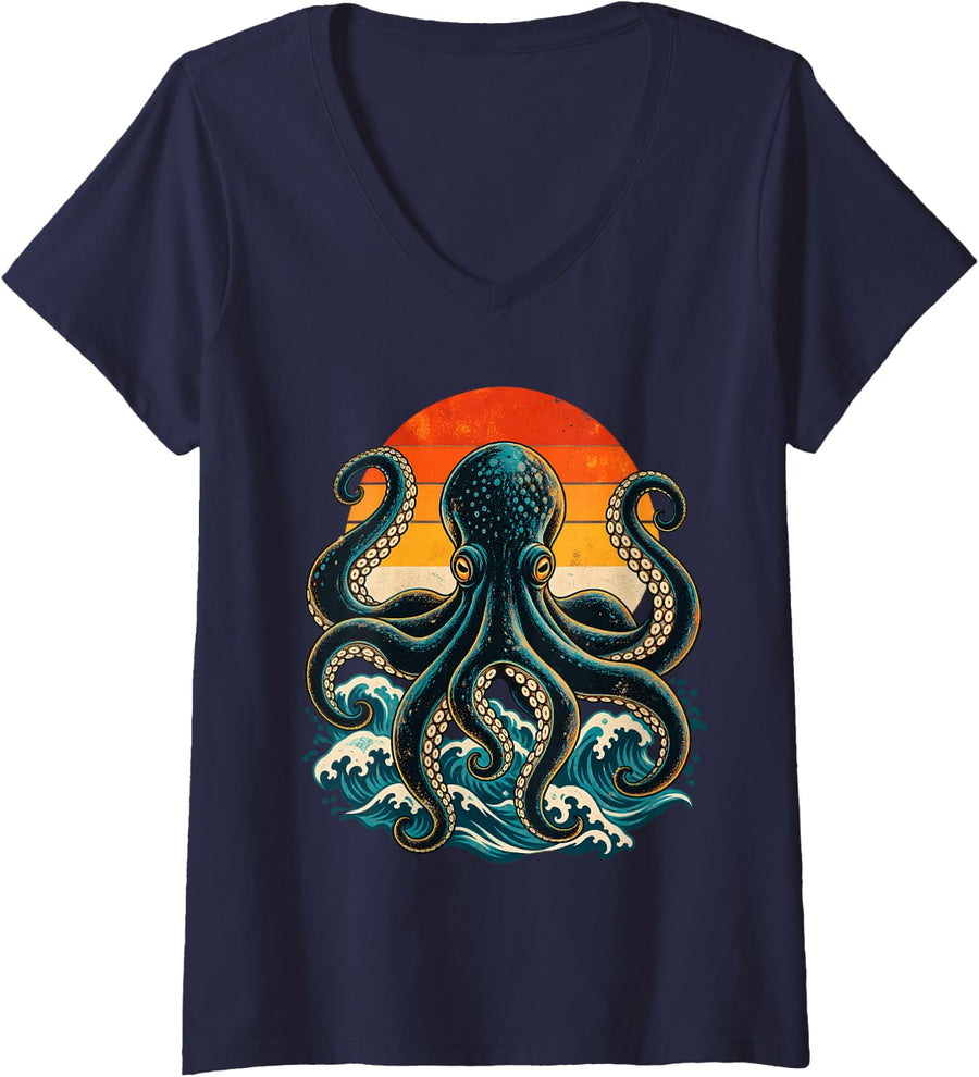 Women's Retro Sunset Octopus Coastal Wave Ocean Art V-Neck T-Shirt - Navy Blue