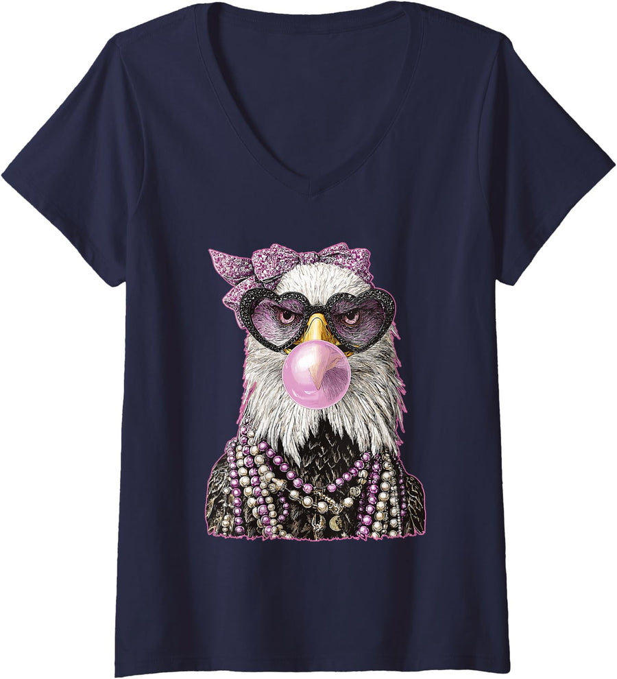Women's Glam Bald Eagle with Sunglasses Animal Bubblegum Halloween V-Neck T-Shirt - Navy Blue