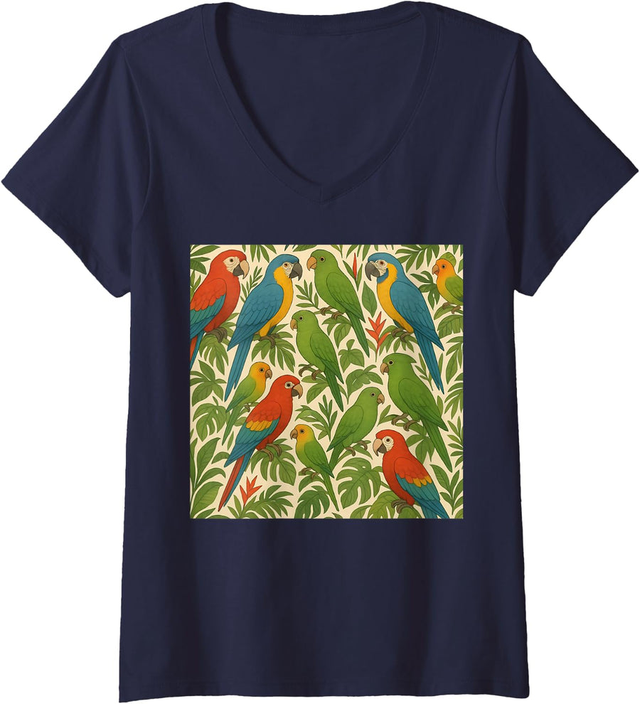 Women's Parrots Tropical Nature Exotic Birds Parrots V-Neck T-Shirt - Navy Blue