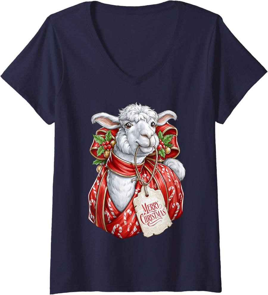 Women's Alpaca Llama Candy Cane Wrapping Paper Present Holly V-Neck T-Shirt - Navy Blue