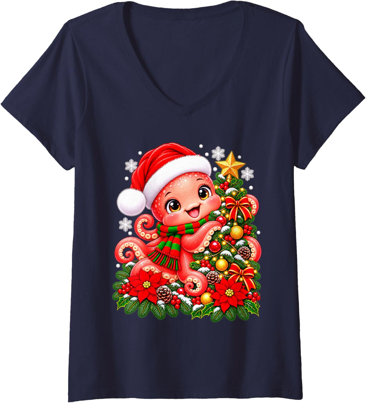 Women's Christmas Tree Octopus Santa Hat Men Women Kids V-Neck T-Shirt - Navy Blue