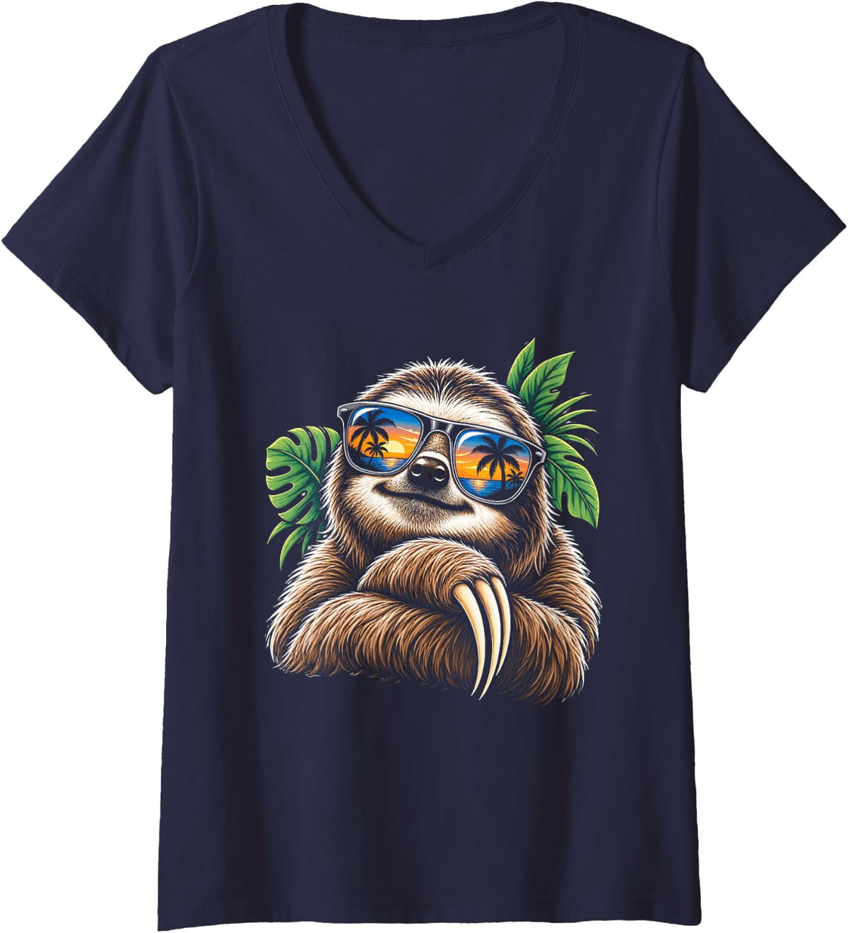 Women's Relaxed Sloth with Retro Sunglasses V-Neck T-Shirt - Navy Blue