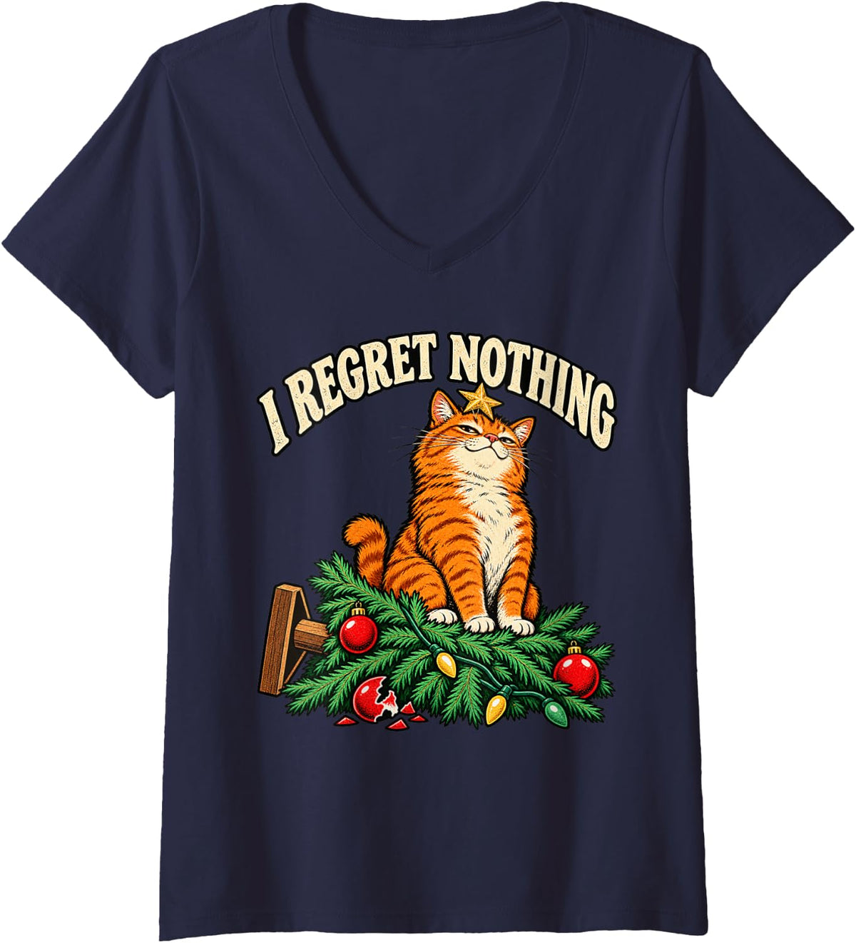 Women's Funny Ginger Cat Christmas Tree Decorating Mess V-Neck T-Shirt - Navy Blue