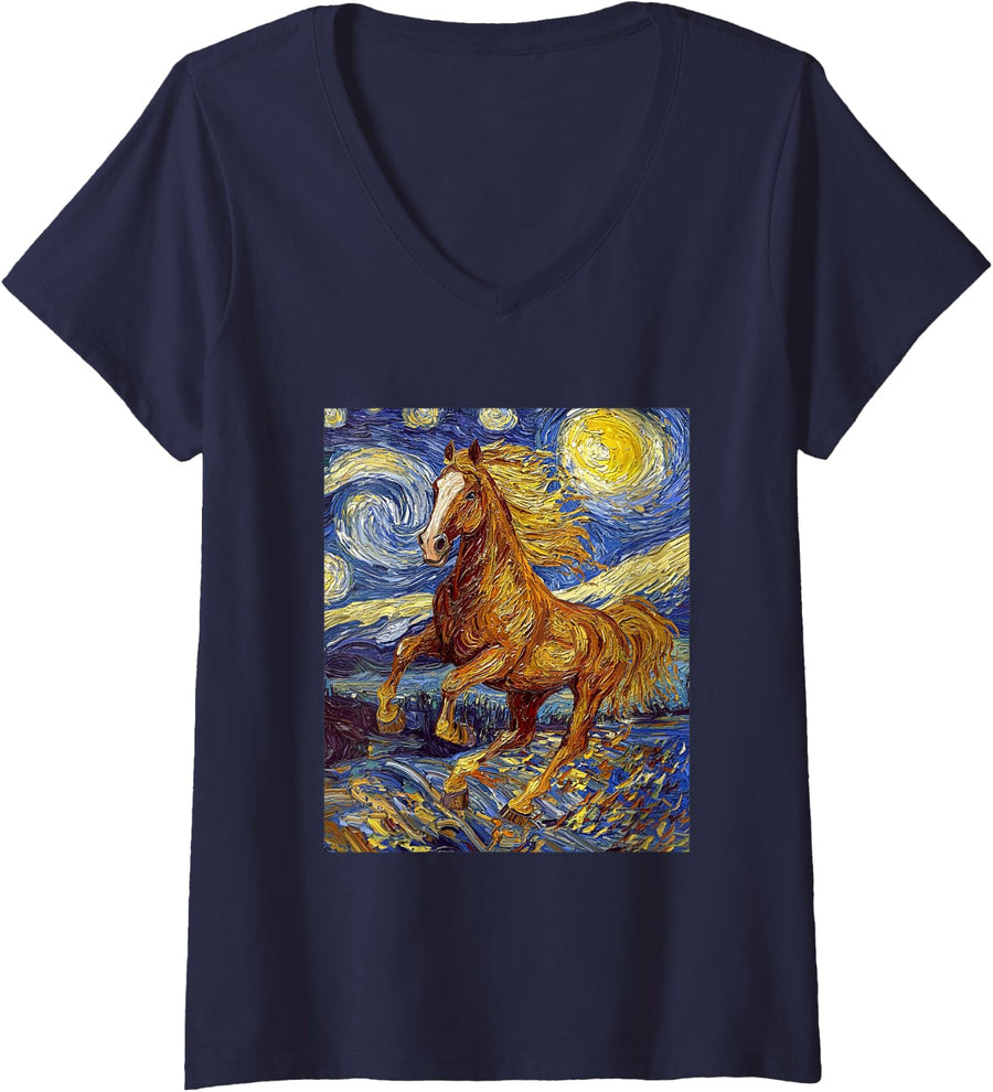 Women's Horse Equestrian Riding Van Gogh Style Starry Night Graphic V-Neck T-Shirt - Navy Blue
