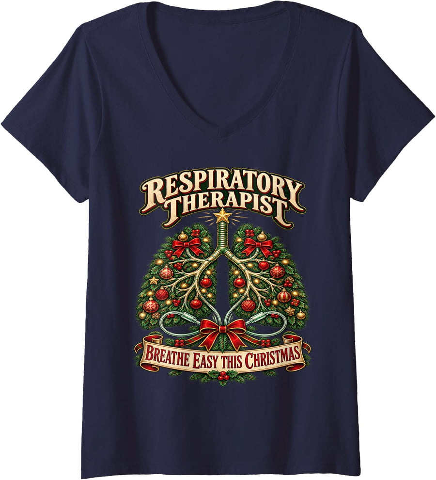 Women's Respiratory Therapist Funny Christmas RT RRT CRT V-Neck T-Shirt - Navy Blue