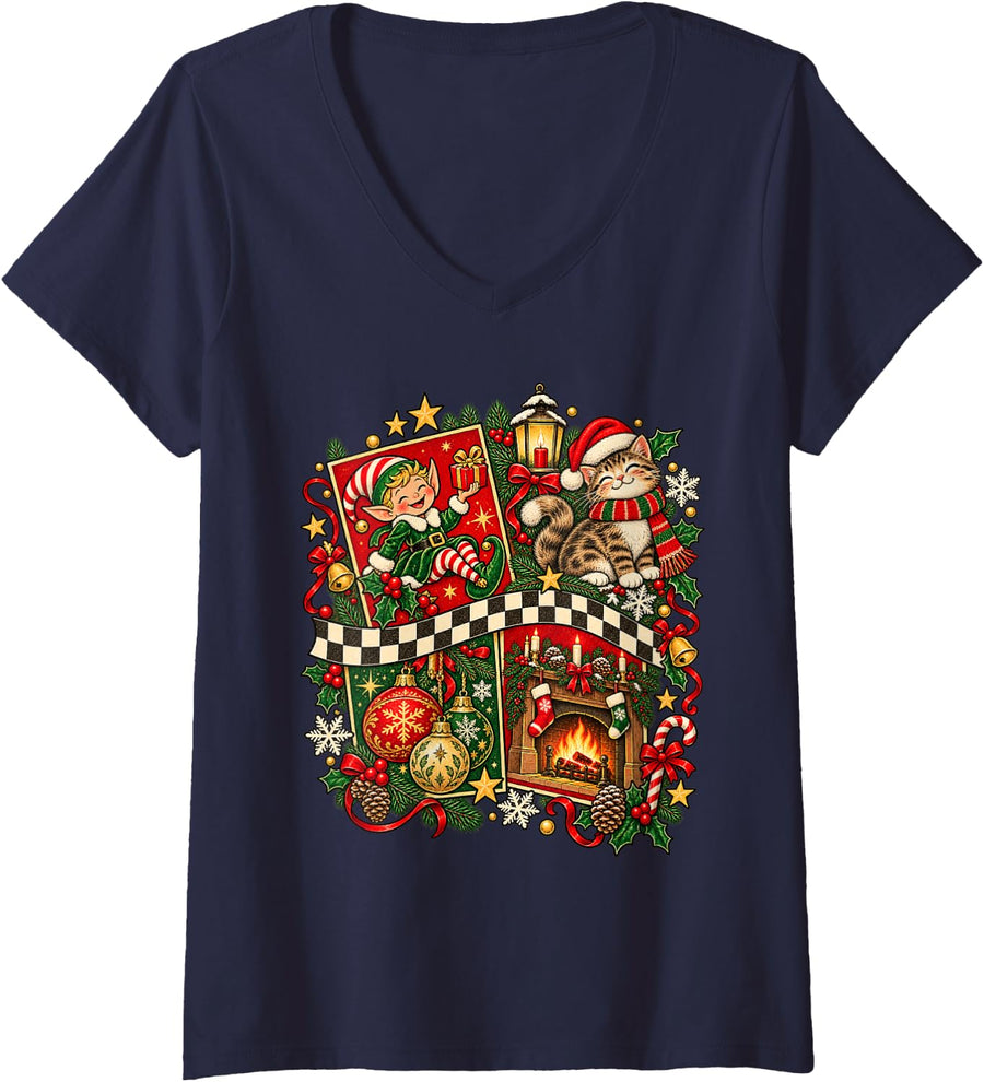 Women's Retro Santa Christmas Reindeer Snowman Gingerbread Collage V-Neck T-Shirt - Navy Blue