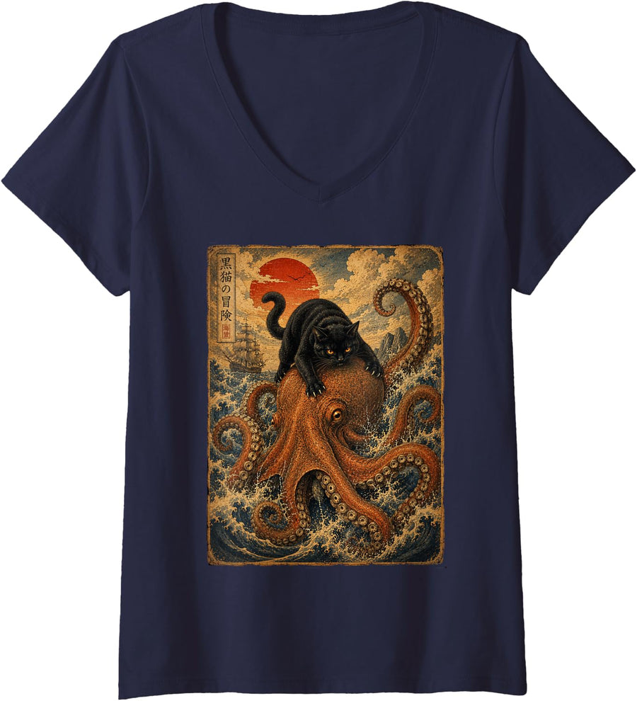Women's Vintage Black Cat Riding Octopus Ocean Wave Japanese Art V-Neck T-Shirt - Navy Blue