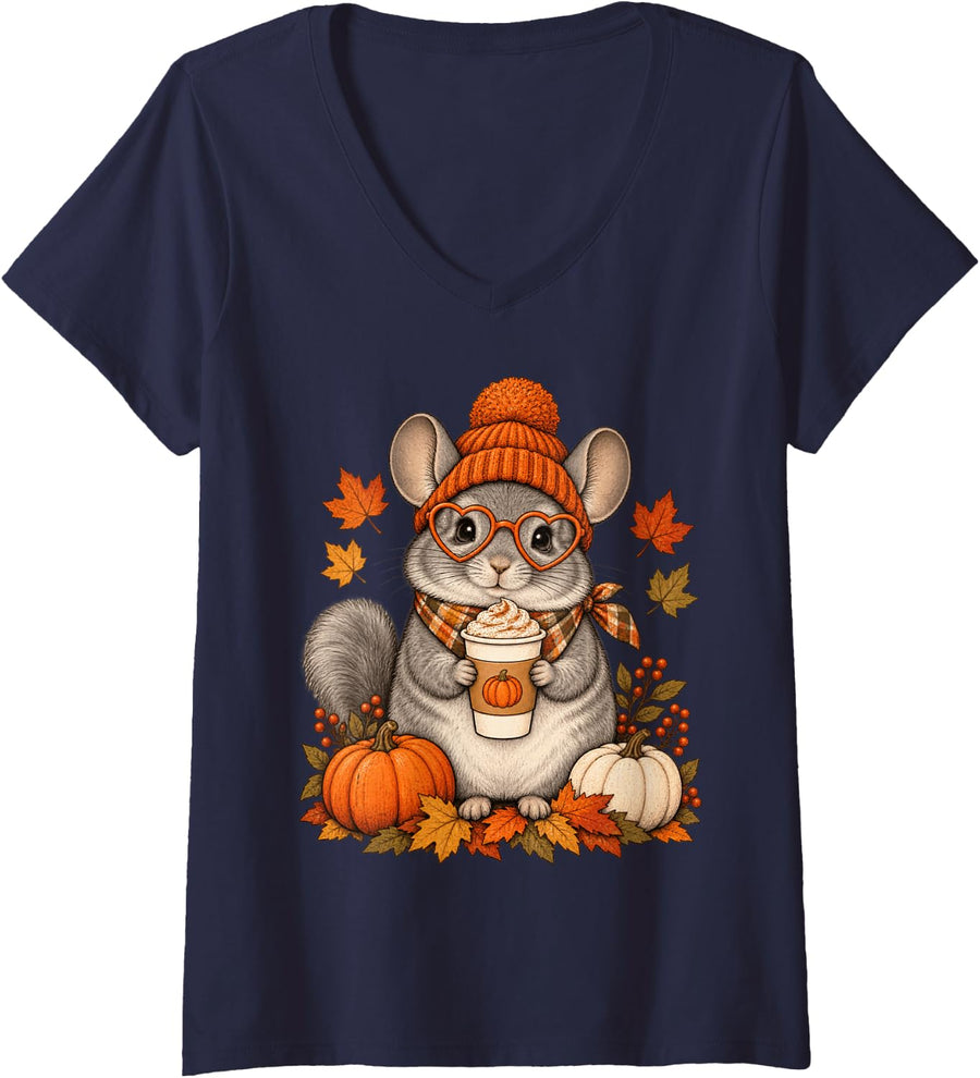 Women's Chinchilla Fall Autumn Season Pumpkin Spice V-Neck T-Shirt - Navy Blue