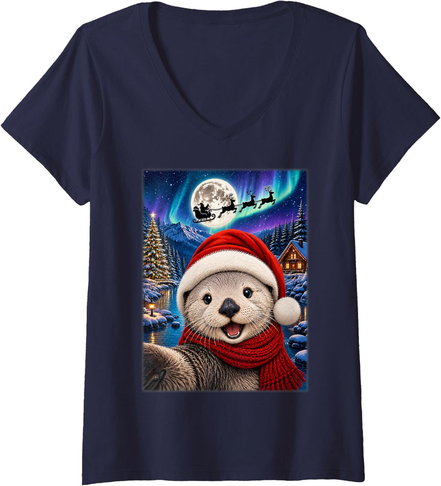 Women's Otter Christmas Selfie Full Moon Night Santa Sleigh Xmas V-Neck T-Shirt - Navy Blue