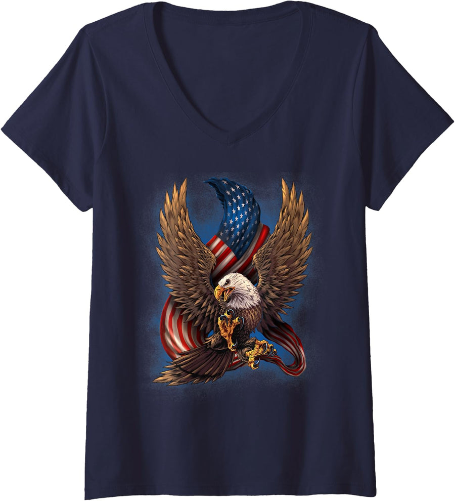 Womens Patriotic American Design With Eagle And Flag Black or Blue V-Neck T-Shirt - Navy Blue