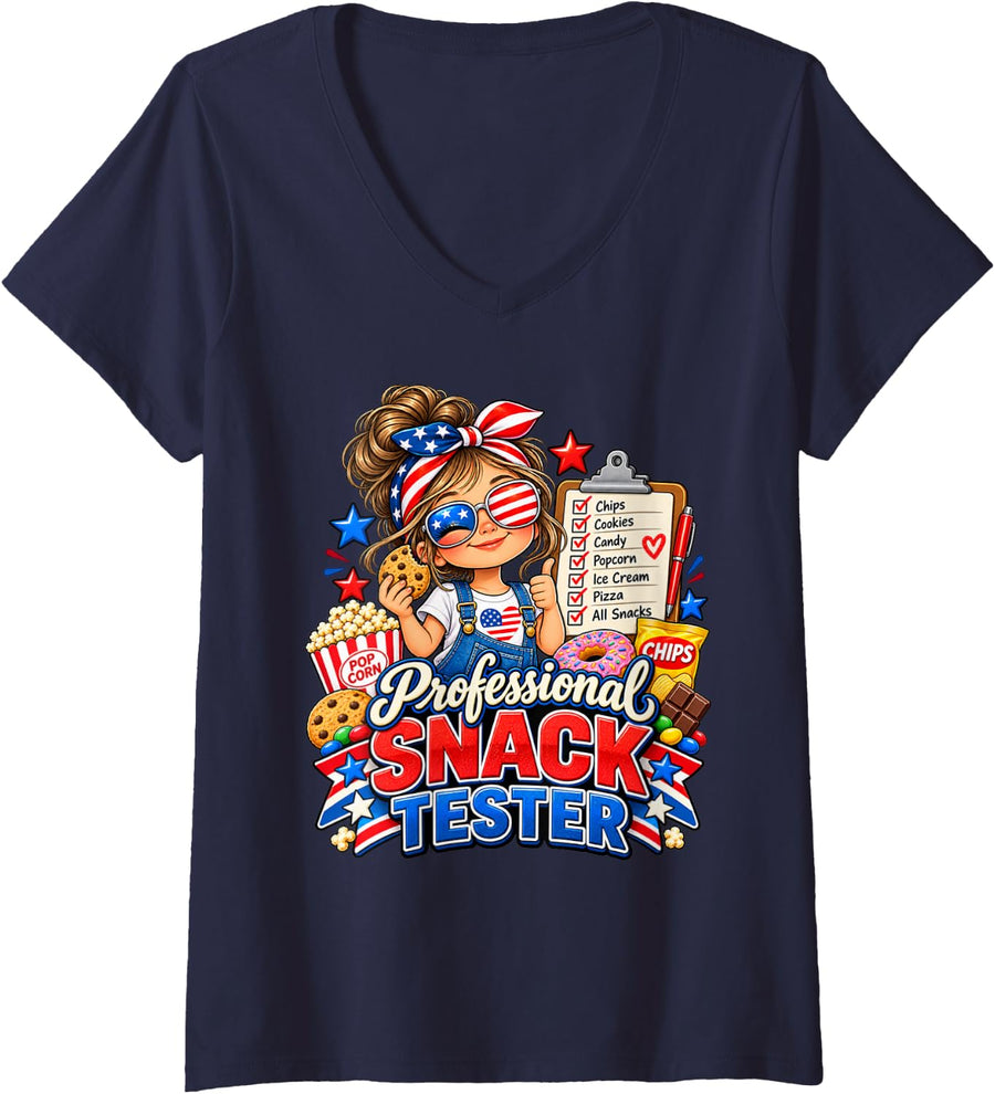 Women's Professional Snack Tester USA Patriotic Food Lover V-Neck T-Shirt - Navy Blue