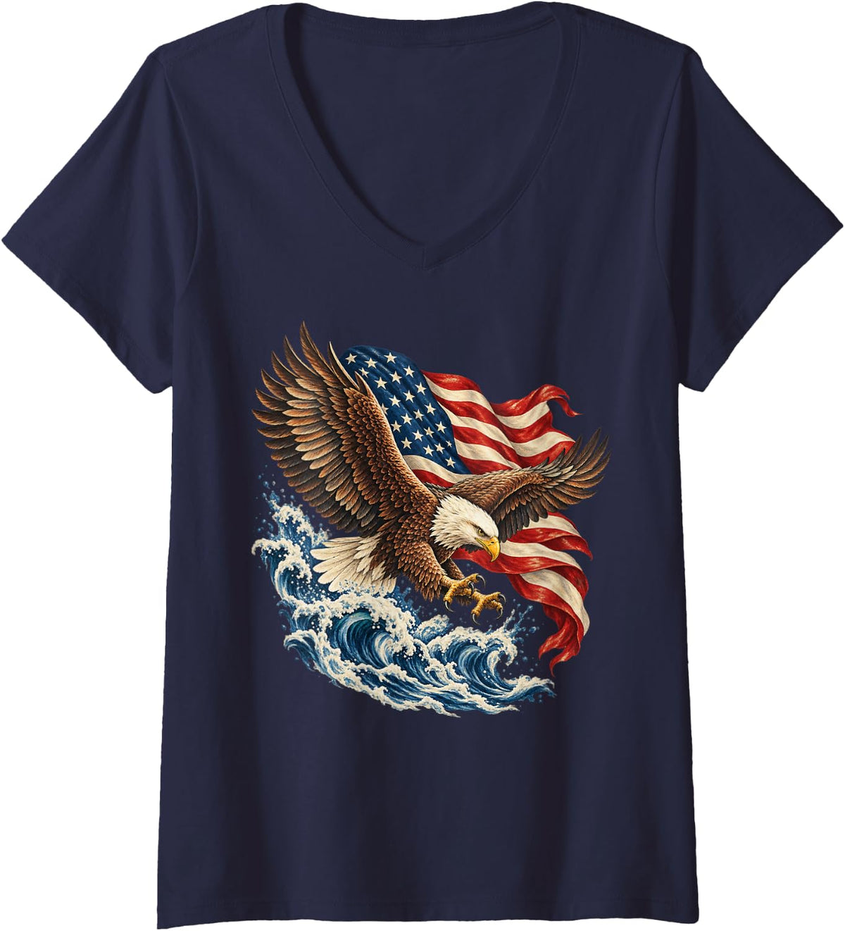 Women's Bald Eagle in Flight with American Flag Waves V-Neck T-Shirt - Navy Blue