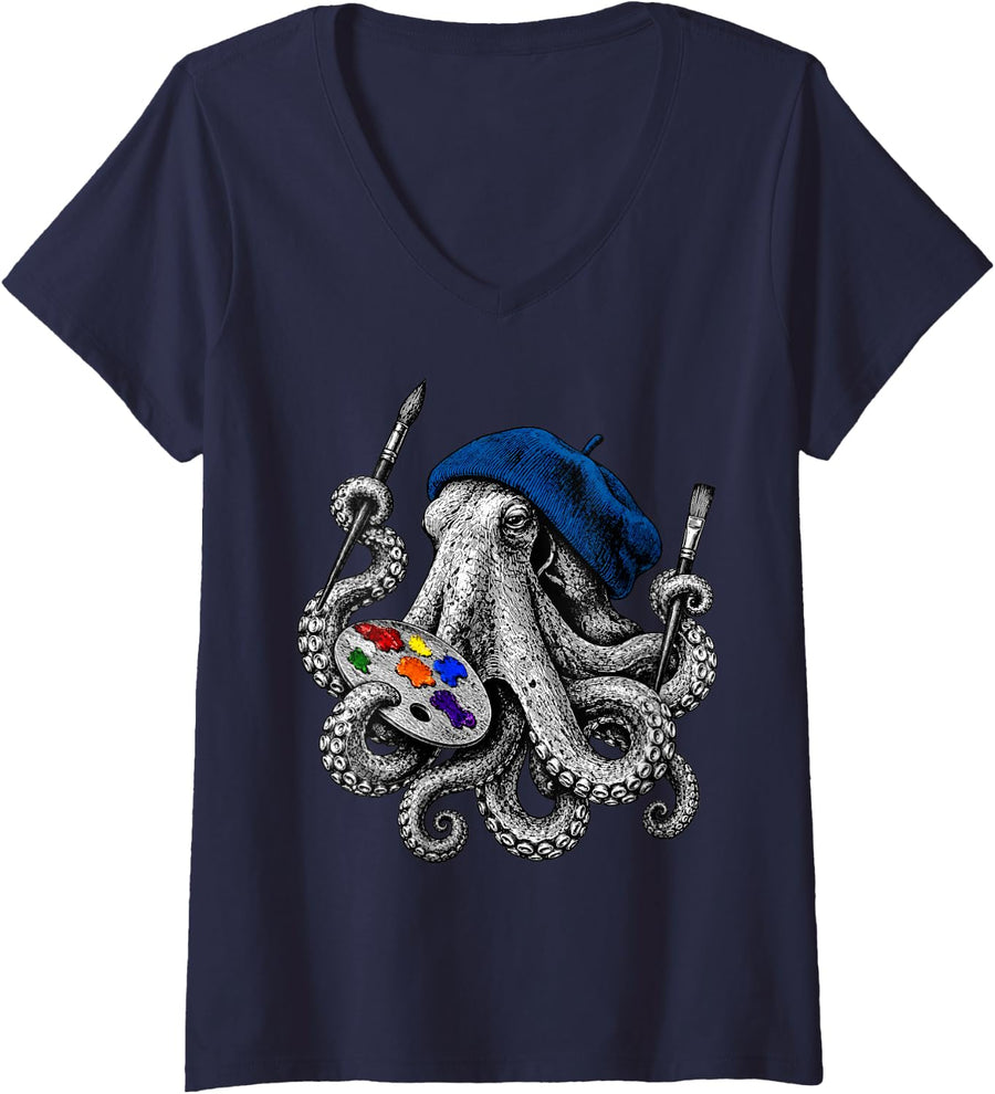 Women's Artist Octopus Painter Beret Palette Brush Art V-Neck T-Shirt - Navy Blue